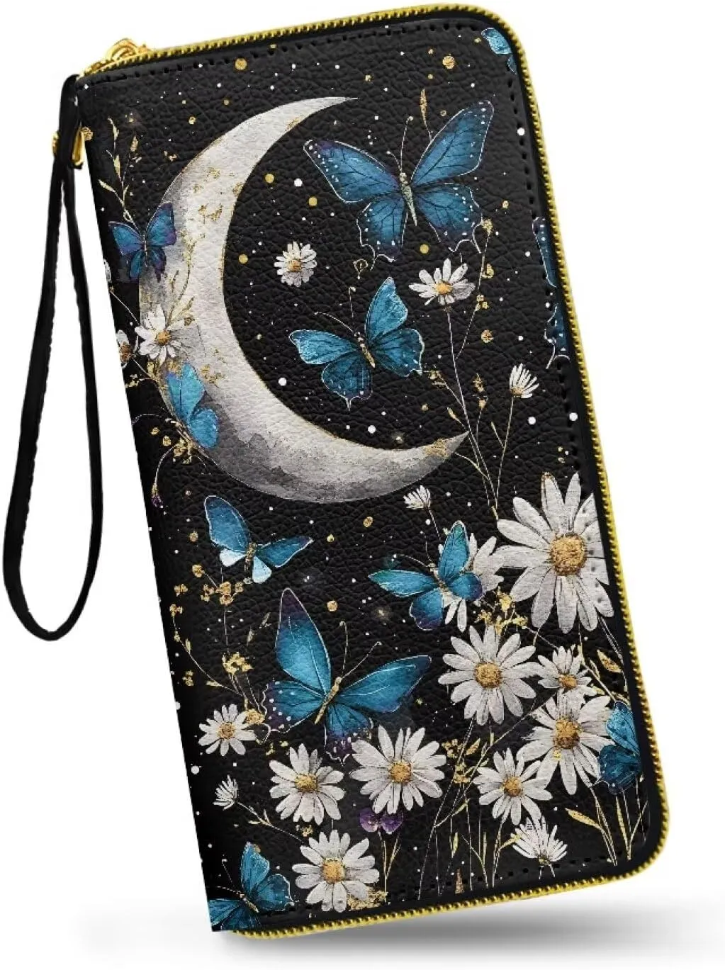 Crescent Moon Flowers Women's Wallet Long Clutch Zip Around Travel Leather Purse, Blue Butterfly Floral Credit Card Holder Ladies Wallet