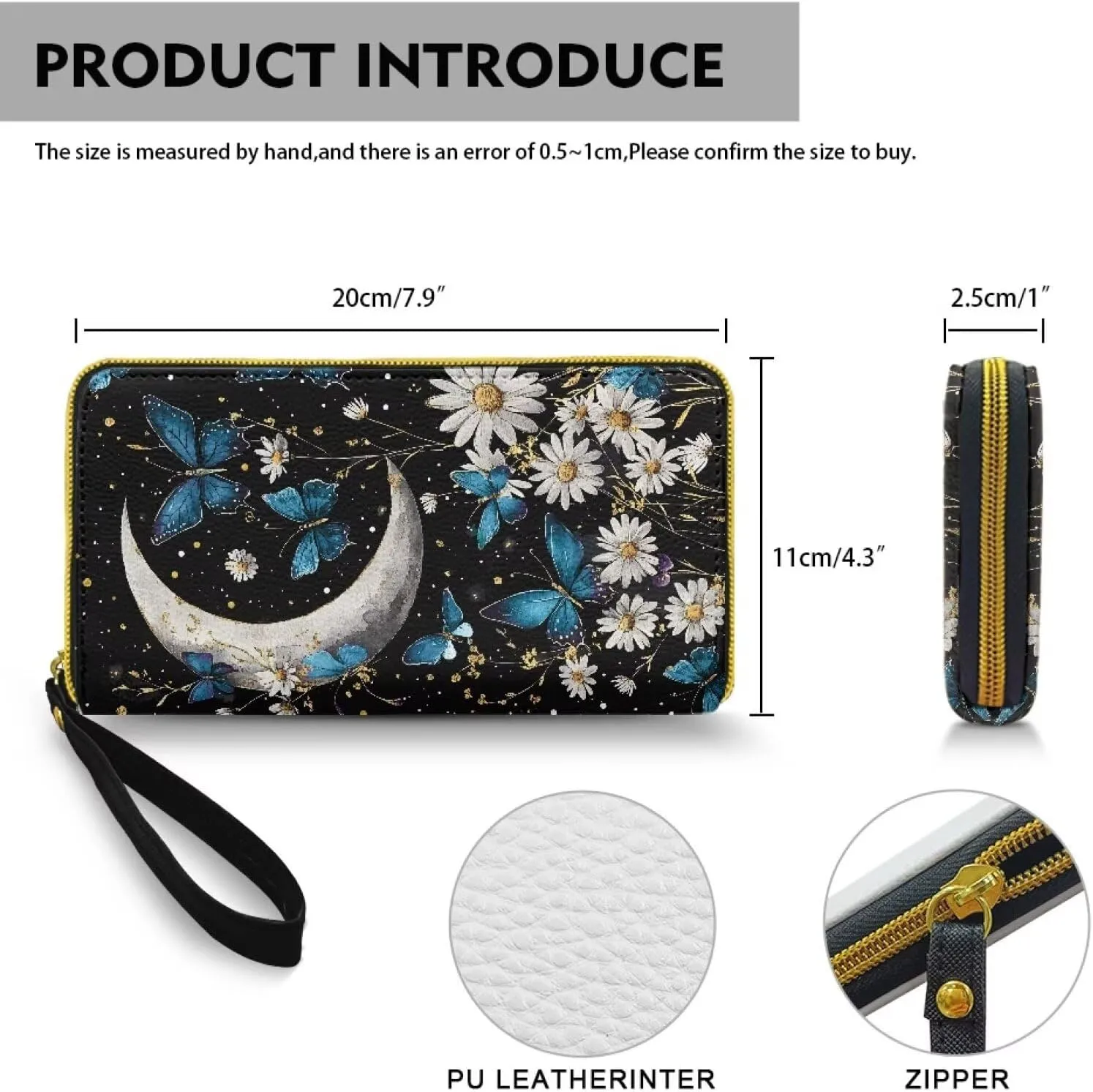 Crescent Moon Flowers Women's Wallet Long Clutch Zip Around Travel Leather Purse, Blue Butterfly Floral Credit Card Holder Ladies Wallet
