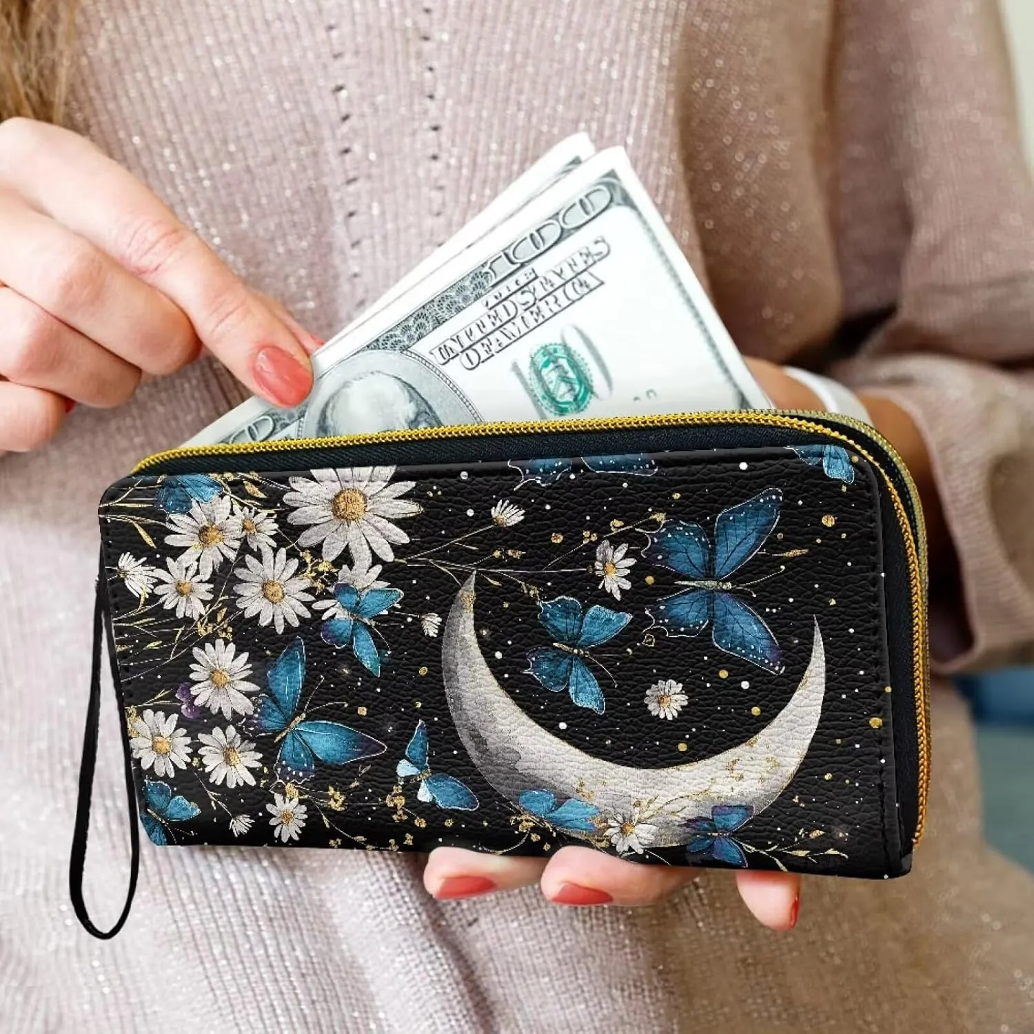 Crescent Moon Flowers Women's Wallet Long Clutch Zip Around Travel Leather Purse, Blue Butterfly Floral Credit Card Holder Ladies Wallet