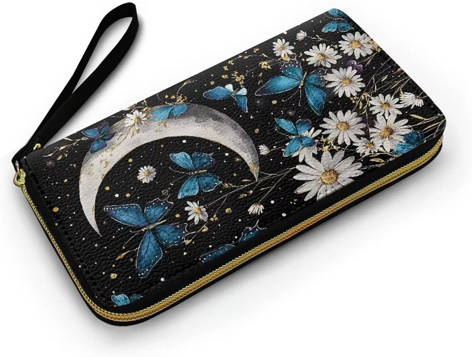 Crescent Moon Flowers Women's Wallet Long Clutch Zip Around Travel Leather Purse, Blue Butterfly Floral Credit Card Holder Ladies Wallet
