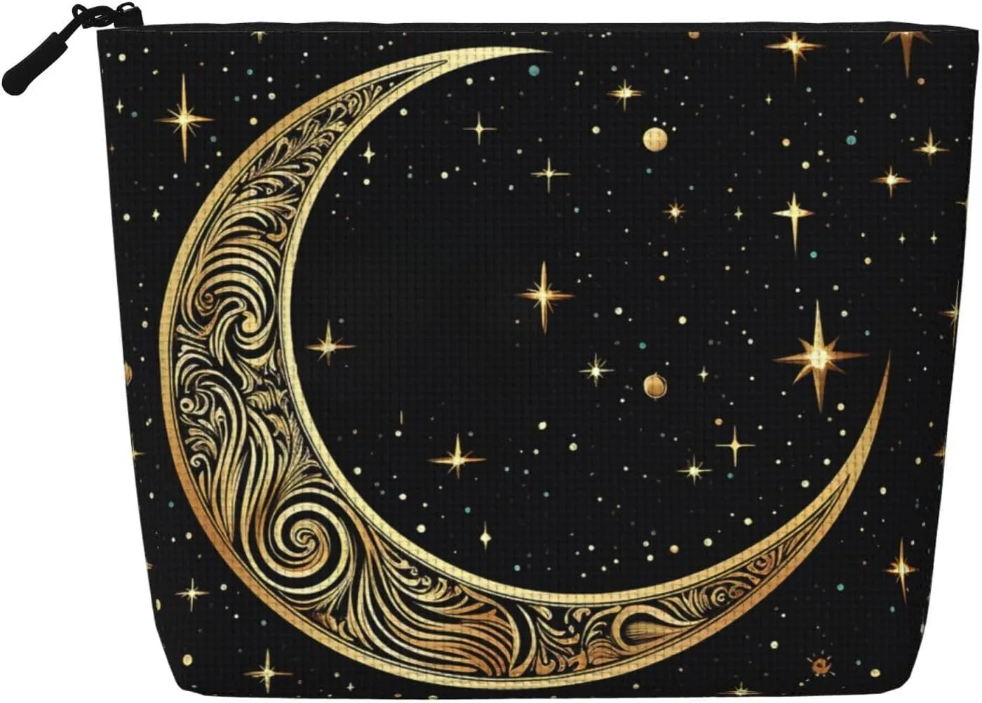 Crescent Moon Pattern On Black Background Makeup Bag For Women, Waterproof Linen Travel Cosmetic Organizer Lightweight Zipper Travel Toiletry Bag Organizer Makeup Brushes Storage Bag