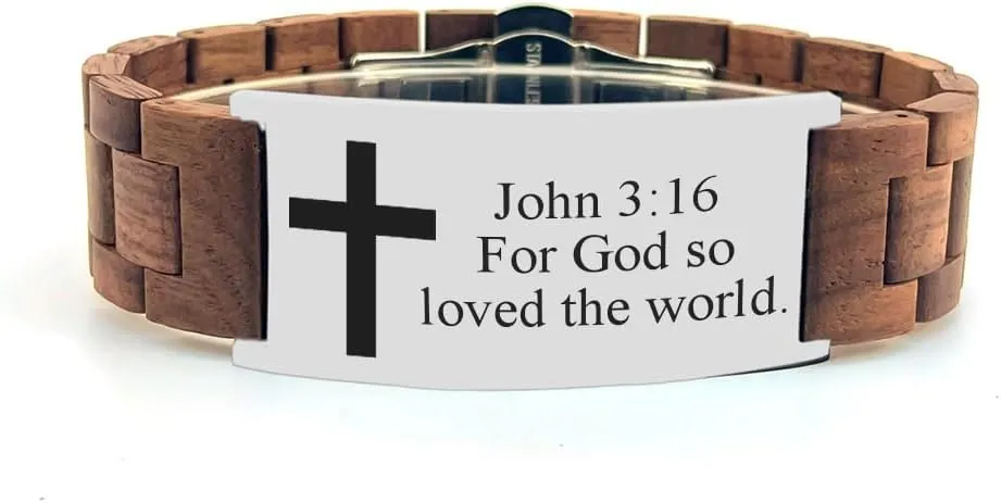 Cross Wooden Bracelets for Men Bible Verses Ebony Wood/Red Sandalwood/Walnut Wood & Stainless Steel ID Bracelets Adjustable Bangle Jewelry Gifts - 8.26in