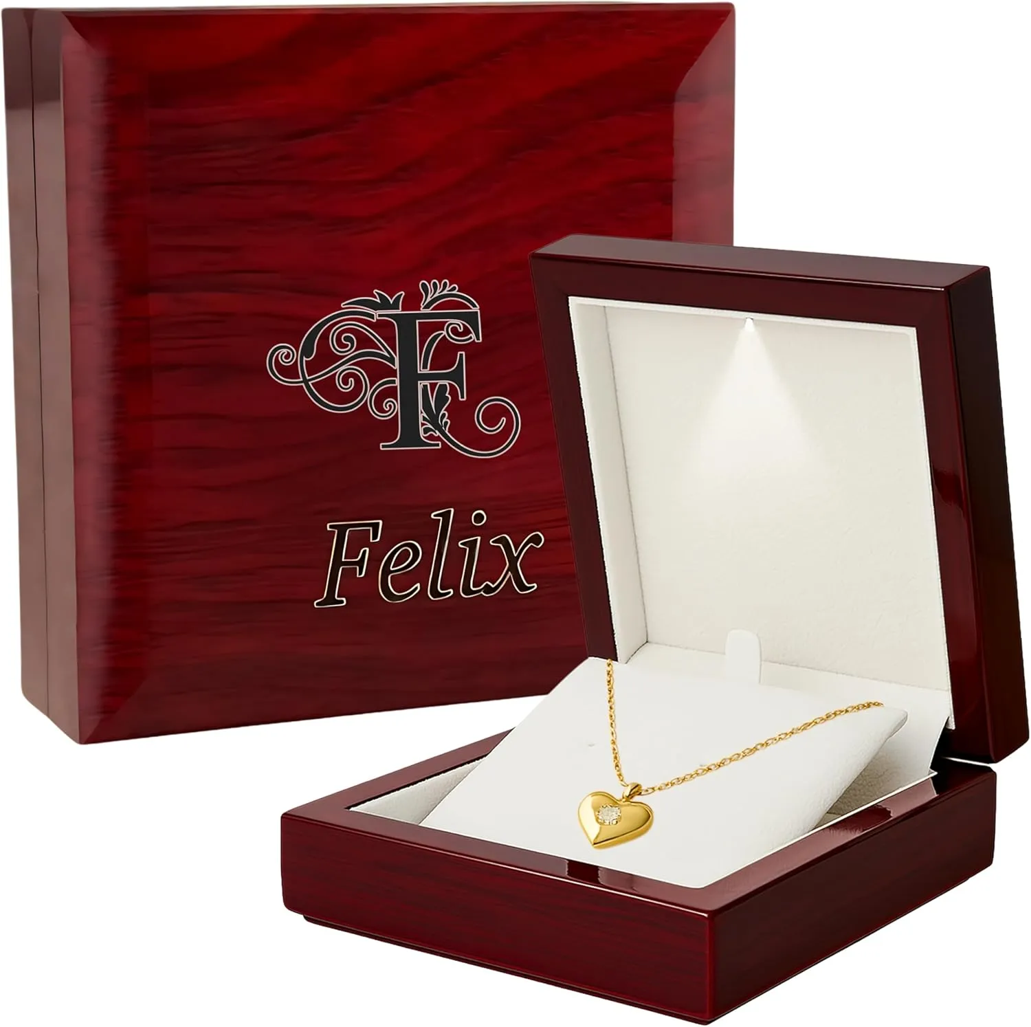 Custom Engraved Necklace Gift Box, Small Jewelry Display Case with Light for Bracelet, Earrings, Chains Presentation  Personalized Wooden Box for Gifts, Mahogany Custom Initials