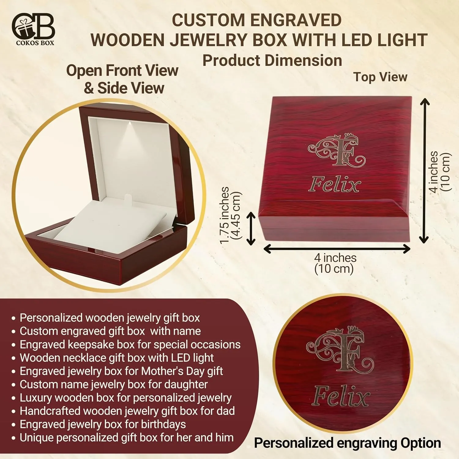 Custom Engraved Necklace Gift Box, Small Jewelry Display Case with Light for Bracelet, Earrings, Chains Presentation  Personalized Wooden Box for Gifts, Mahogany Custom Initials