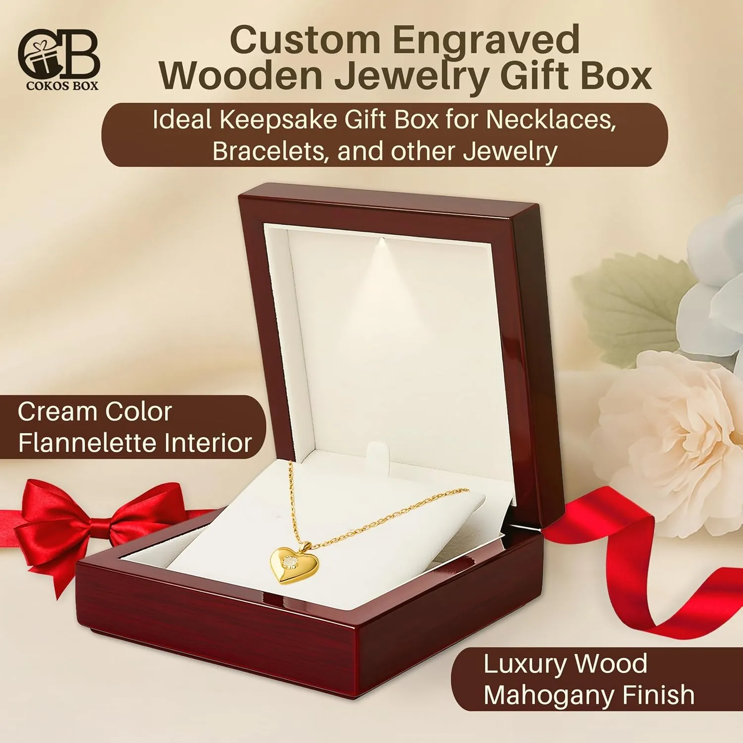 Custom Engraved Necklace Gift Box, Small Jewelry Display Case with Light for Bracelet, Earrings, Chains Presentation  Personalized Wooden Box for Gifts, Mahogany Custom Initials
