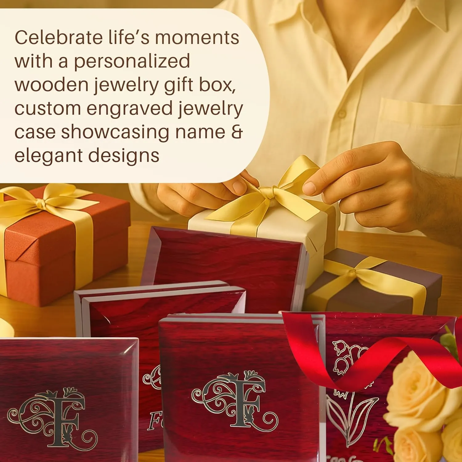 Custom Engraved Necklace Gift Box, Small Jewelry Display Case with Light for Bracelet, Earrings, Chains Presentation  Personalized Wooden Box for Gifts, Mahogany Custom Initials