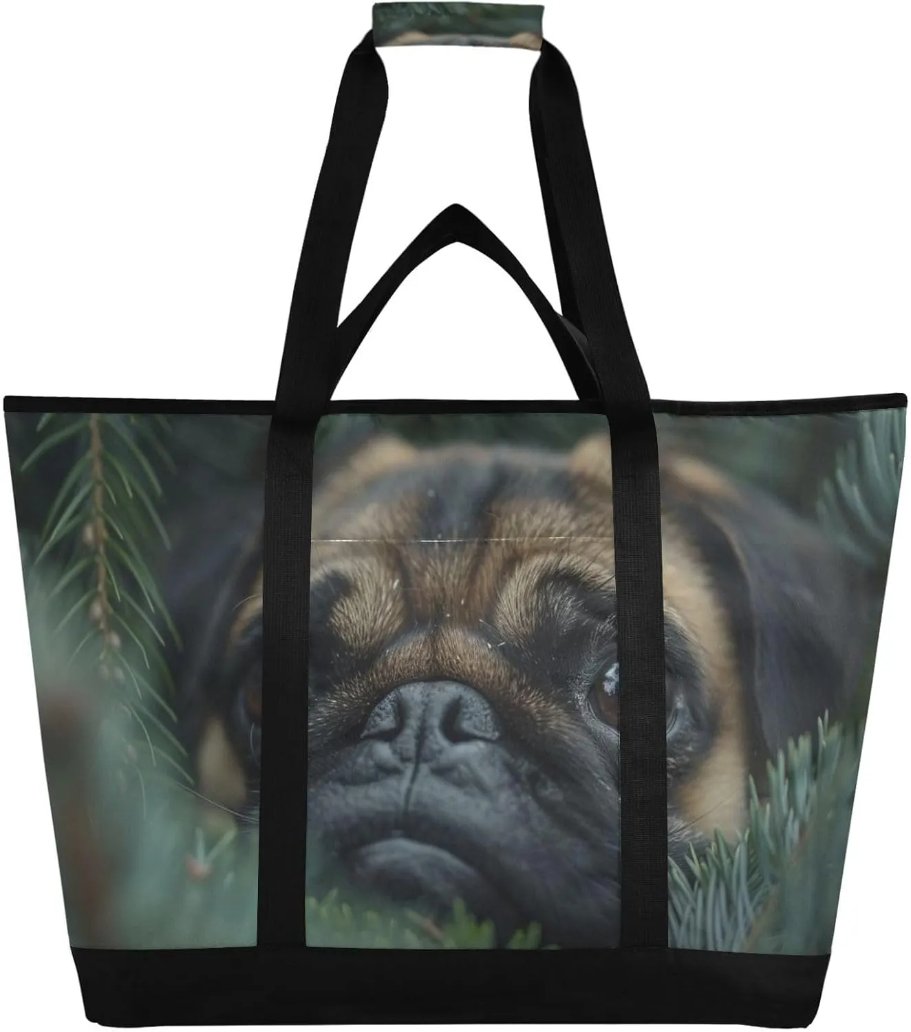 Cute Pug Branches Large Insulated Reusable Tote Bag for Grocery Shopping for Women Men, Cooler Bag with Zippered Top & Handles for Travel Beach Picnic
