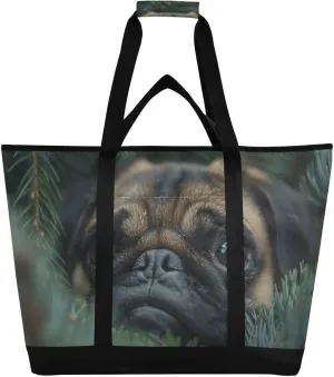 Cute Pug Branches Large Insulated Reusable Tote Bag for Grocery Shopping for Women Men, Cooler Bag with Zippered Top & Handles for Travel Beach Picnic