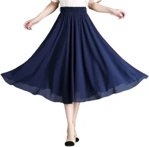 DBFBDTU Women Solid Color Elastic High Waist Chiffon Midi Skirts Office Lady Loose Pleated Skirts Summer
