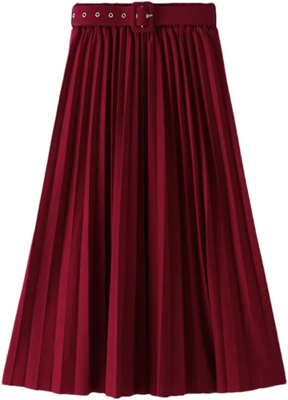 Disimlarl Women's High Waist Pleated Skirts with Belted Spring Simple Elegant Office Midi Long Skirt