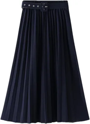 Disimlarl Women's High Waist Pleated Skirts with Belted Spring Simple Elegant Office Midi Long Skirt