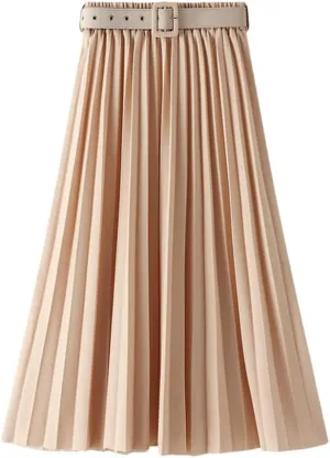 Disimlarl Women's High Waist Pleated Skirts with Belted Spring Simple Elegant Office Midi Long Skirt