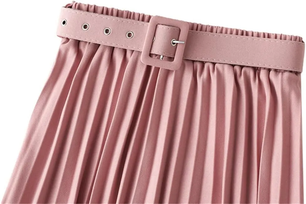 Disimlarl Women's High Waist Pleated Skirts with Belted Spring Simple Elegant Office Midi Long Skirt