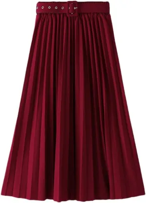 Disimlarl Women's High Waist Pleated Skirts with Belted Spring Simple Elegant Office Midi Long Skirt