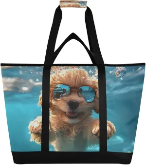 Dog Swim Funny Large Insulated Reusable Tote Bag for Grocery Shopping for Women Men, Cooler Bag with Zippered Top & Handles for Travel Beach Picnic