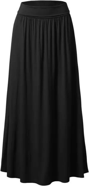 DOUBLJU Casual High Waisted Maxi Skirts Elastic Wide Waist Band Flare Ruffle Ankle Length Skirts for Womens with Plus Size