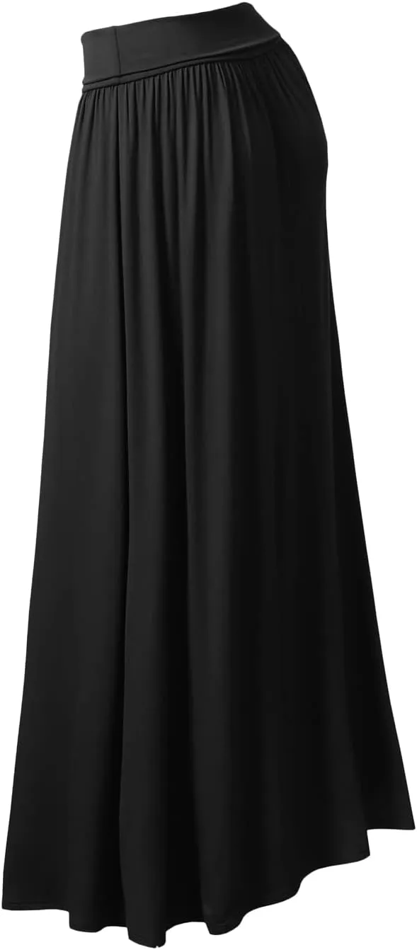 DOUBLJU Casual High Waisted Maxi Skirts Elastic Wide Waist Band Flare Ruffle Ankle Length Skirts for Womens with Plus Size