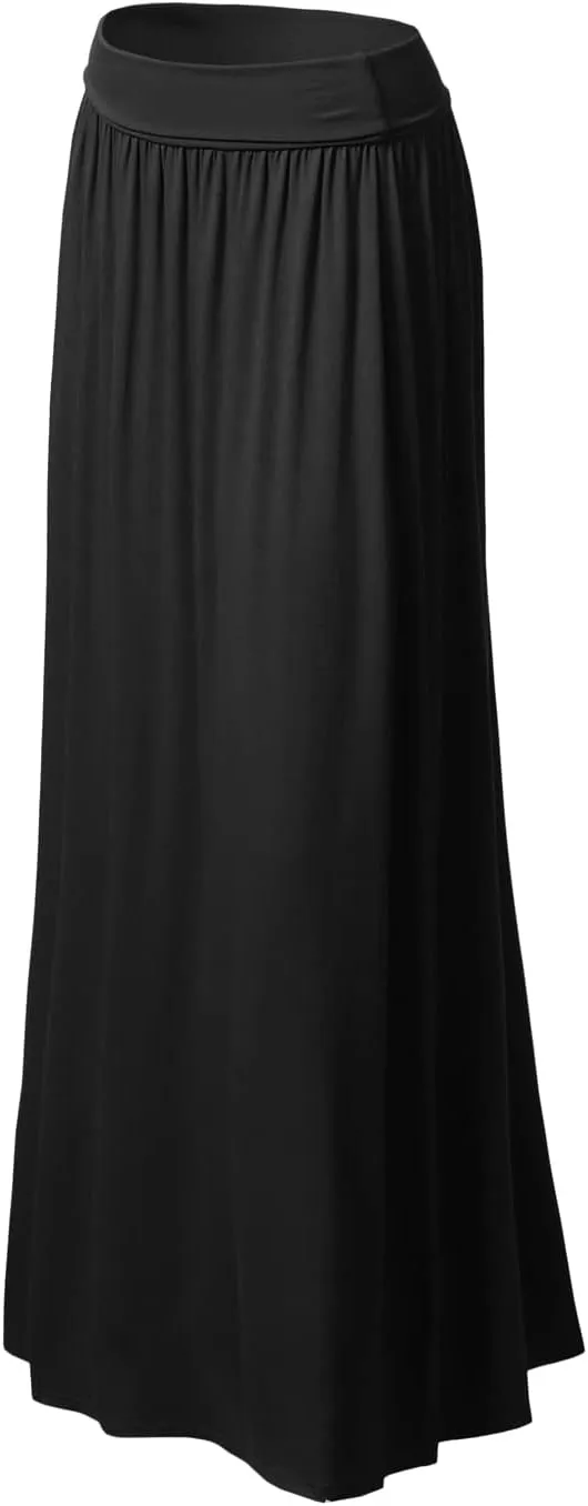 DOUBLJU Casual High Waisted Maxi Skirts Elastic Wide Waist Band Flare Ruffle Ankle Length Skirts for Womens with Plus Size