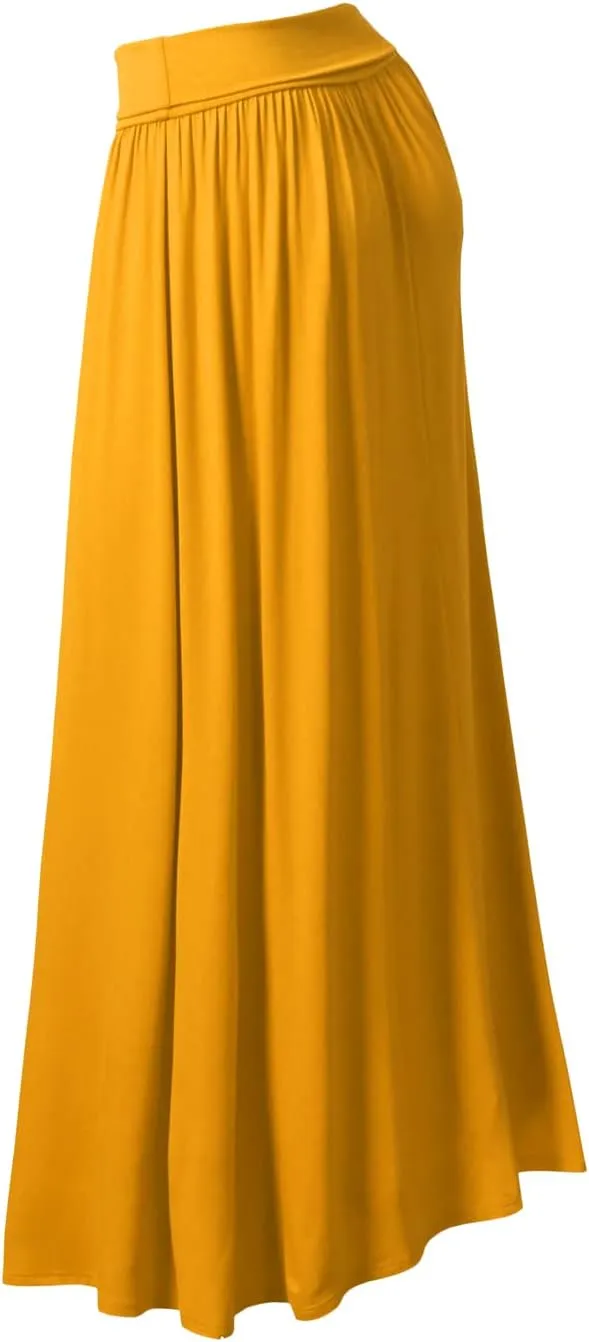 DOUBLJU Casual High Waisted Maxi Skirts Elastic Wide Waist Band Flare Ruffle Ankle Length Skirts for Womens with Plus Size