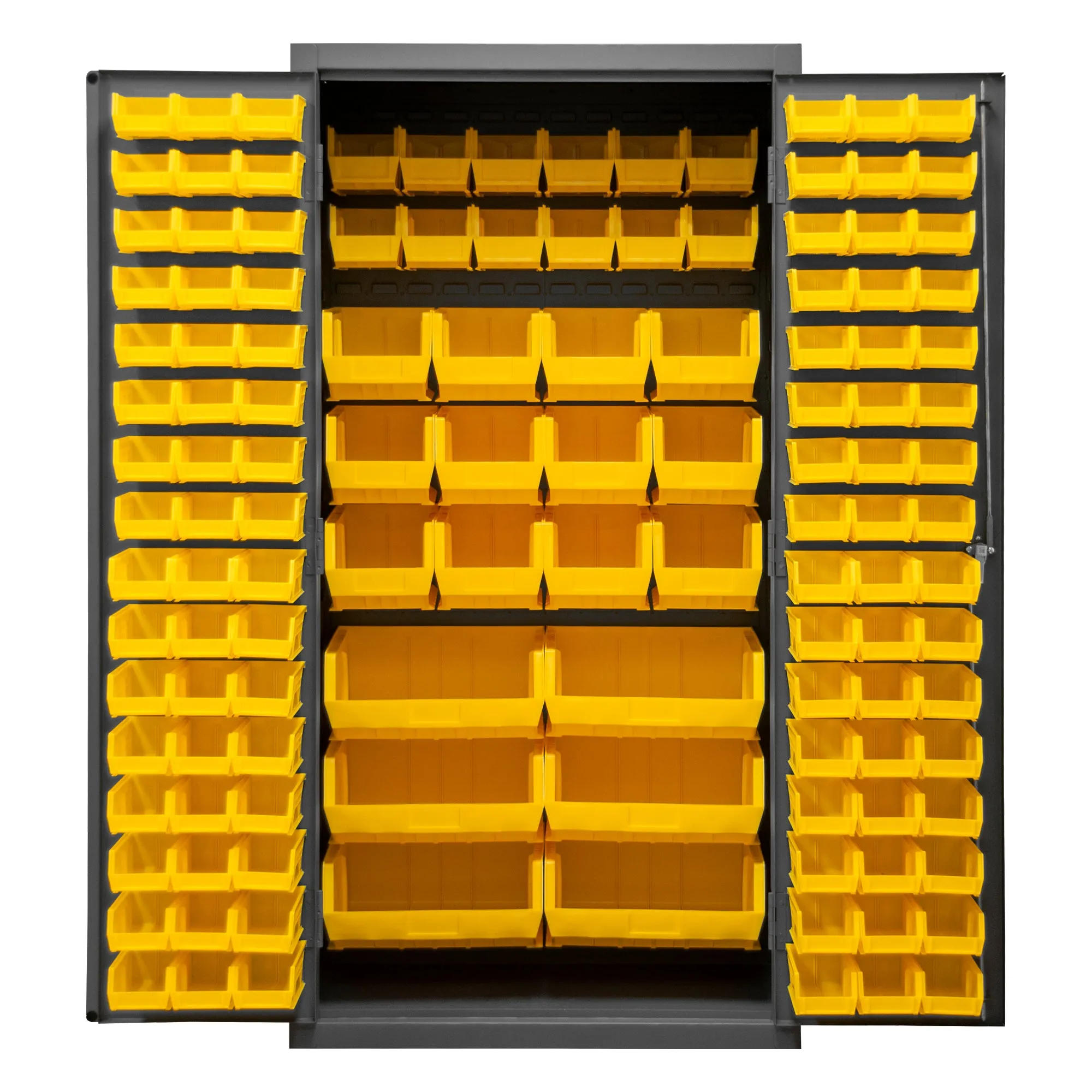 Durham Cabinet, 16 Gauge, 36 x 24 x 72, 126 Yellow Bins, Flush Doors with Louvered Panel, Lockable, Chrome Handle with Keys, Gray