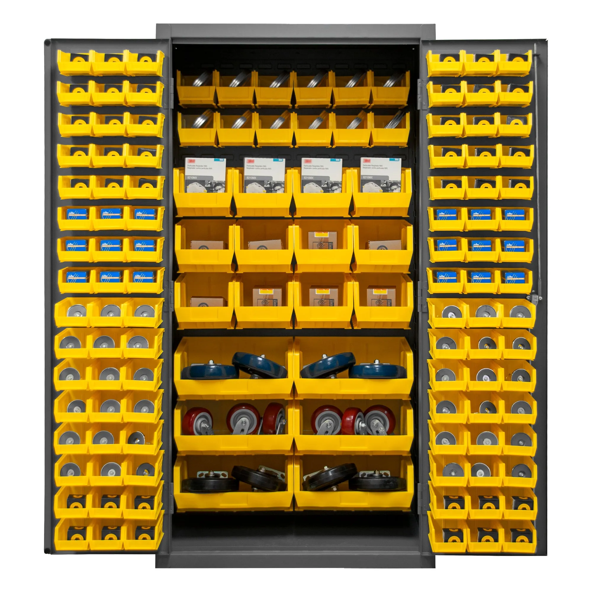 Durham Cabinet, 16 Gauge, 36 x 24 x 72, 126 Yellow Bins, Flush Doors with Louvered Panel, Lockable, Chrome Handle with Keys, Gray