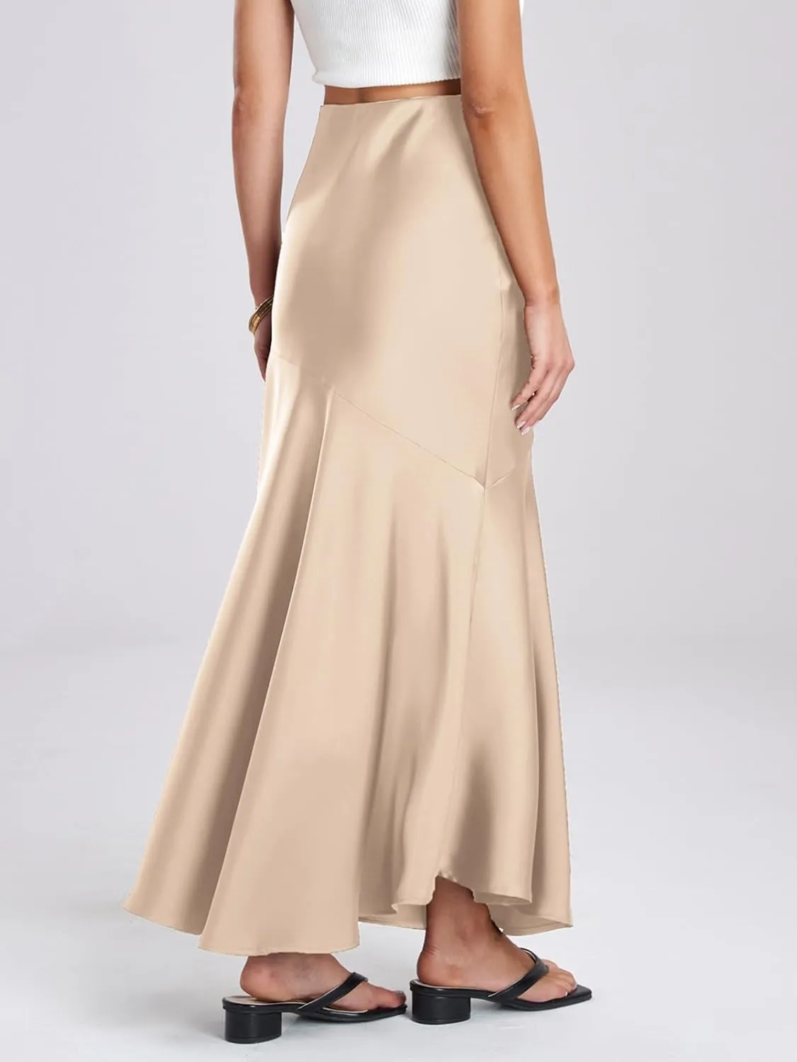 ebossy Women's Elegant Fishtail Long Skirt Silk Satin Hidden Elastic Waist Ruffle Flared A-Line Maxi Skirt