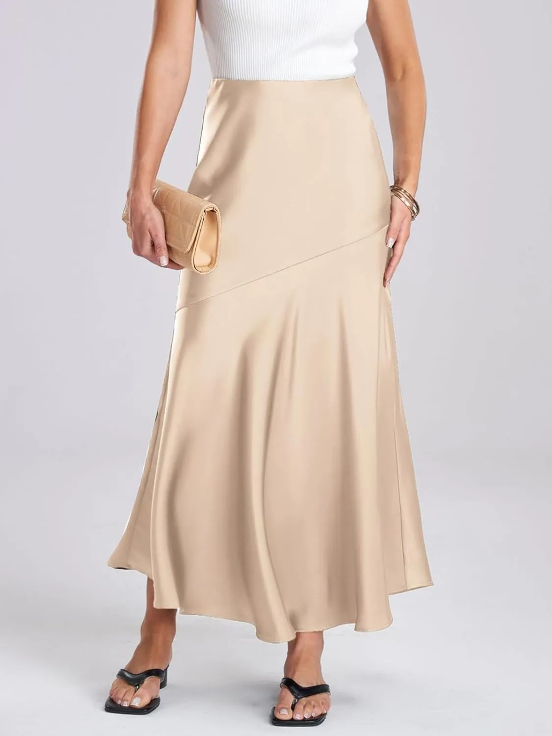 ebossy Women's Elegant Fishtail Long Skirt Silk Satin Hidden Elastic Waist Ruffle Flared A-Line Maxi Skirt