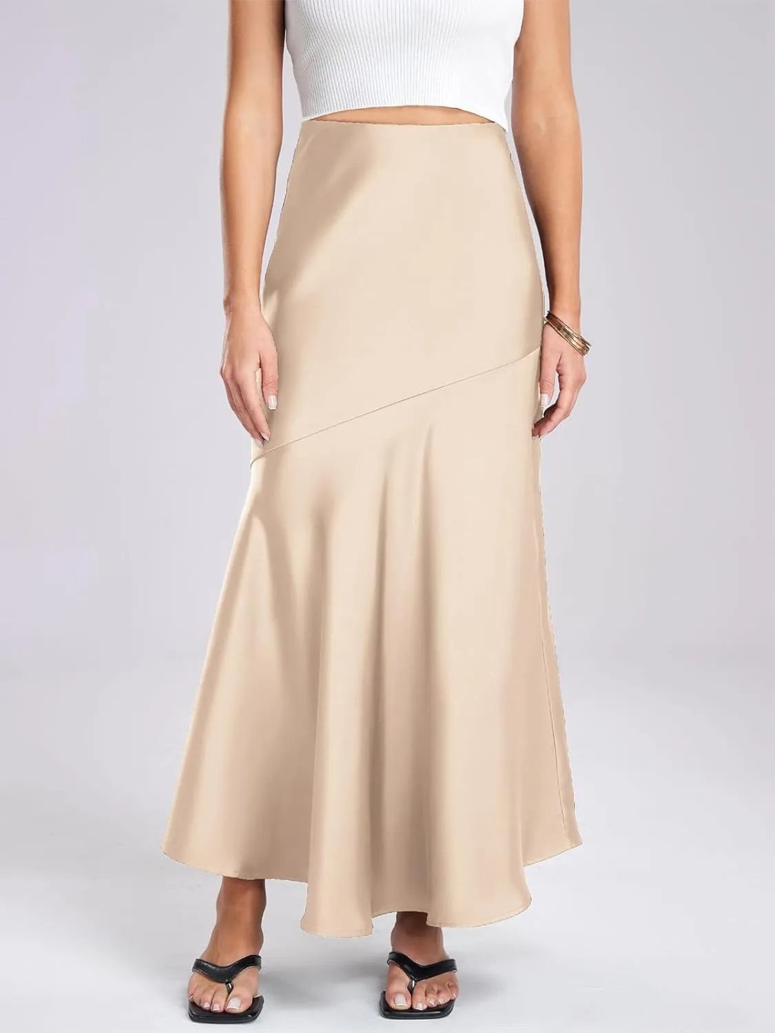 ebossy Women's Elegant Fishtail Long Skirt Silk Satin Hidden Elastic Waist Ruffle Flared A-Line Maxi Skirt