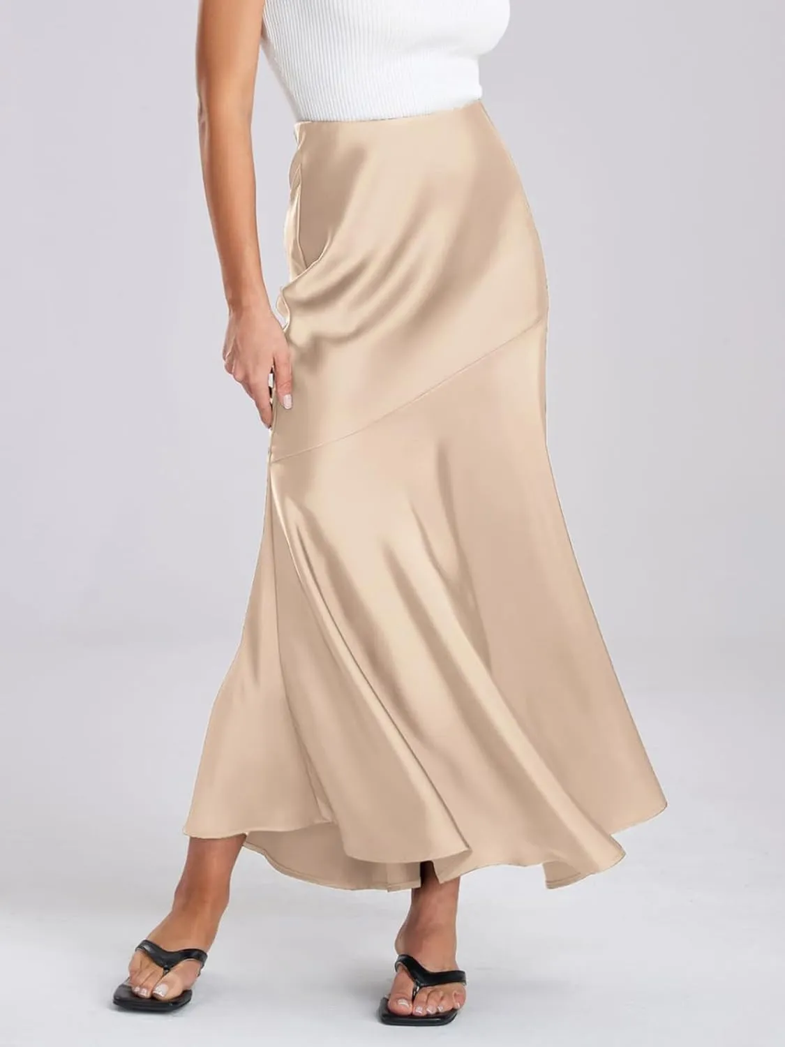 ebossy Women's Elegant Fishtail Long Skirt Silk Satin Hidden Elastic Waist Ruffle Flared A-Line Maxi Skirt