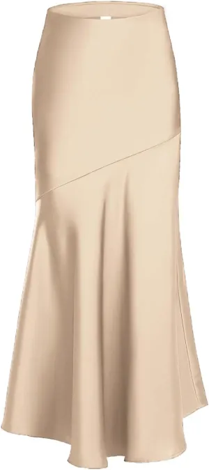 ebossy Women's Elegant Fishtail Long Skirt Silk Satin Hidden Elastic Waist Ruffle Flared A-Line Maxi Skirt