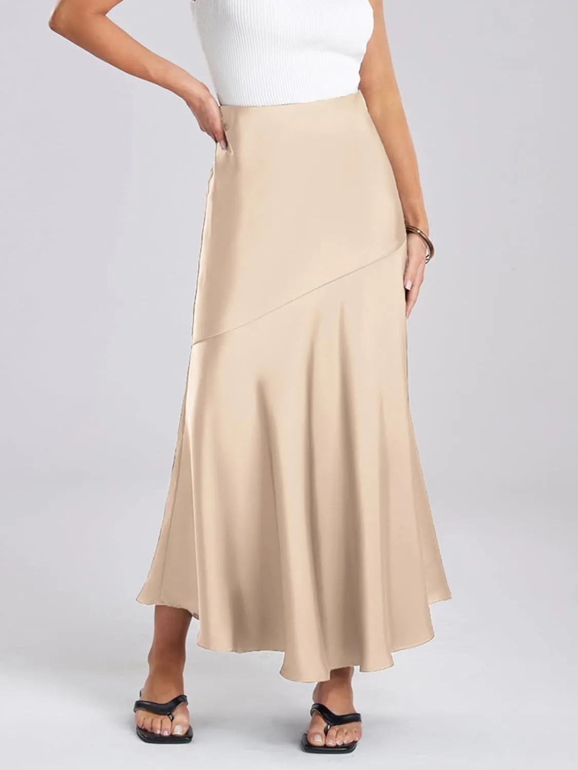 ebossy Women's Elegant Fishtail Long Skirt Silk Satin Hidden Elastic Waist Ruffle Flared A-Line Maxi Skirt