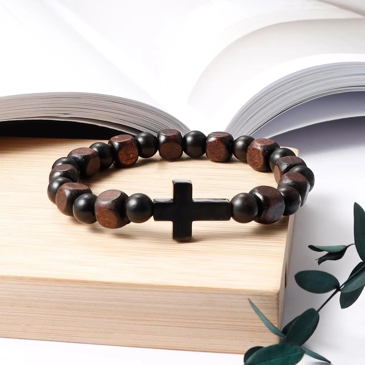 Eigso Wooden Beads Cross Bracelets for Men Womens Handmade Wood Beads Christian Cross Wristbands Bangles for Man Husband Son