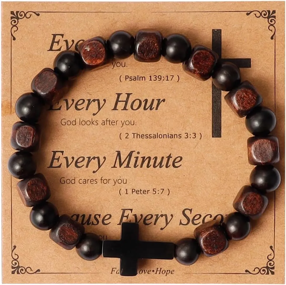 Eigso Wooden Beads Cross Bracelets for Men Womens Handmade Wood Beads Christian Cross Wristbands Bangles for Man Husband Son