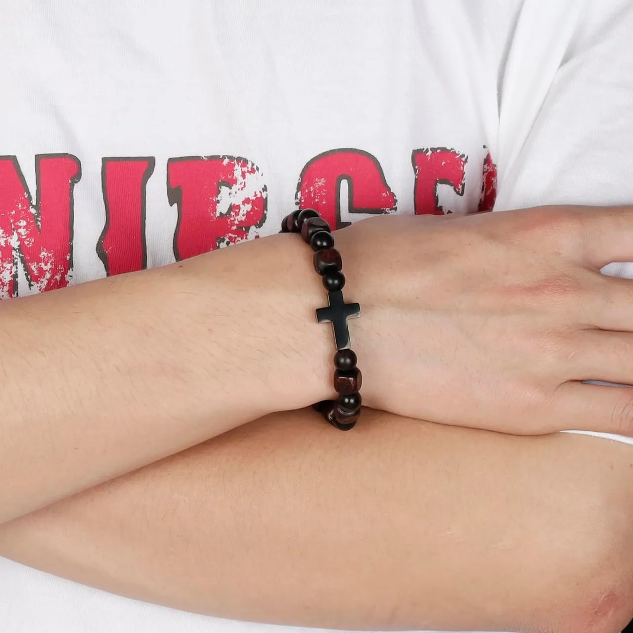 Eigso Wooden Beads Cross Bracelets for Men Womens Handmade Wood Beads Christian Cross Wristbands Bangles for Man Husband Son