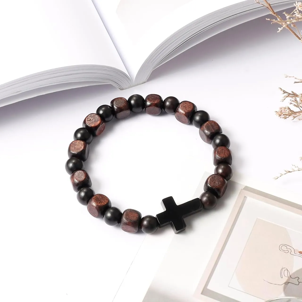 Eigso Wooden Beads Cross Bracelets for Men Womens Handmade Wood Beads Christian Cross Wristbands Bangles for Man Husband Son