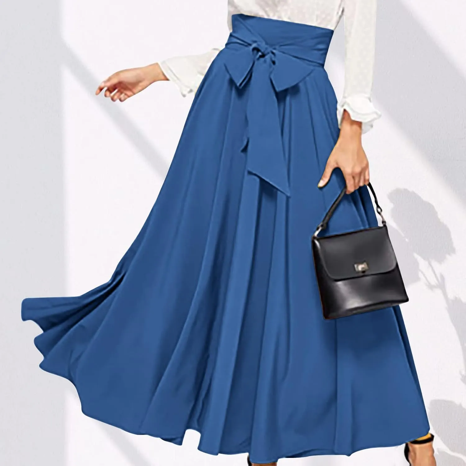 Elegant High Waisted Skirts for Women Elastic A Line Flared Skirt Stretchy Pleated Midi Skirts Ankle Length Skirt