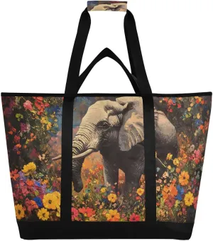 Elephant Colorful Flower Large Insulated Reusable Tote Bag for Grocery Shopping for Women Men, Cooler Bag with Zippered Top & Handles for Travel Beach Picnic