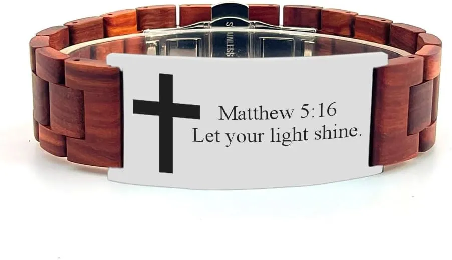 Engraved Bible Verses Cross Adjustable Wooden Bracelets for Men Philippians 2:9 Ebony Wood/Red Sandalwood/Walnut Wood & Stainless Steel ID Bracelets Bangle Jewelry Gifts - 8.26in