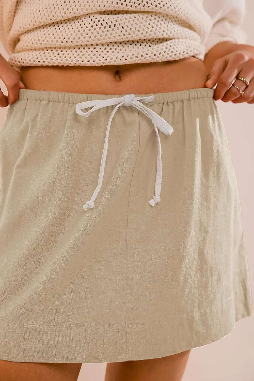 EsheSy Womens Cotton Linen Mini Skirts Drawcord Waist Short A-Line Skirts with Pockets