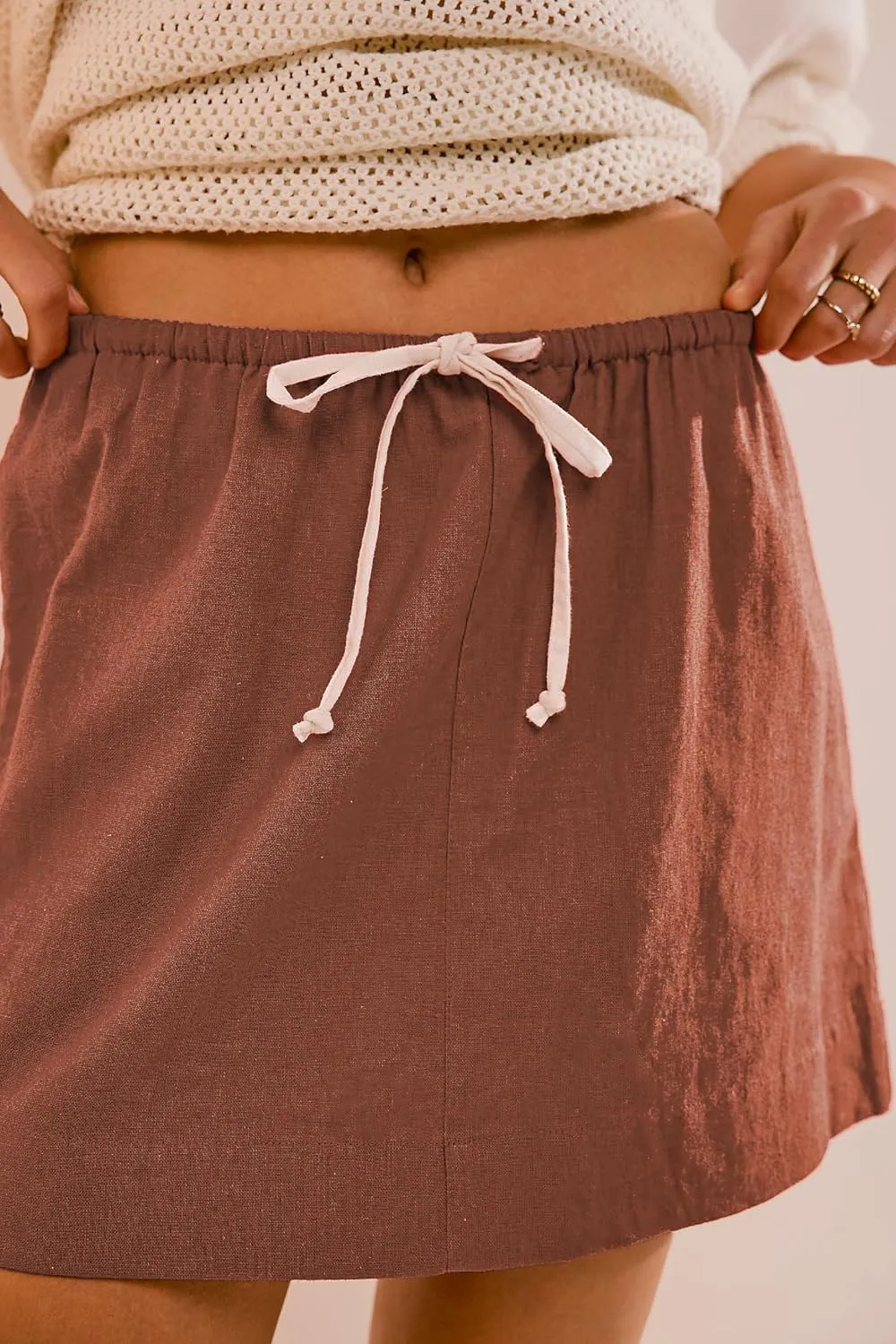 EsheSy Womens Cotton Linen Mini Skirts Drawcord Waist Short A-Line Skirts with Pockets
