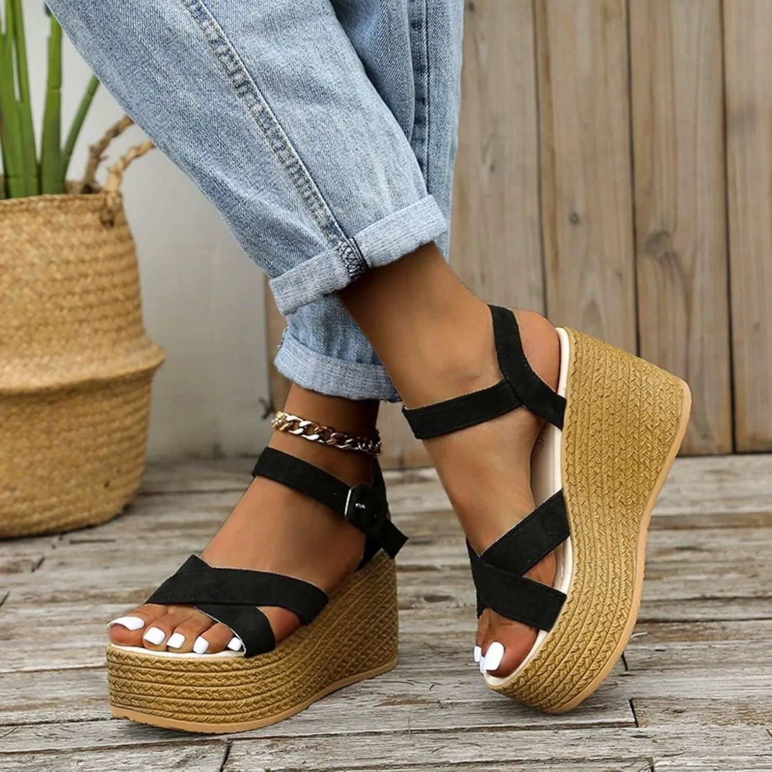 Espadrille Platform Wedge Sandals for Women Open Toe Ankle Buckle Strap Crisscross Sandal Dressy Casual Summer Shoes