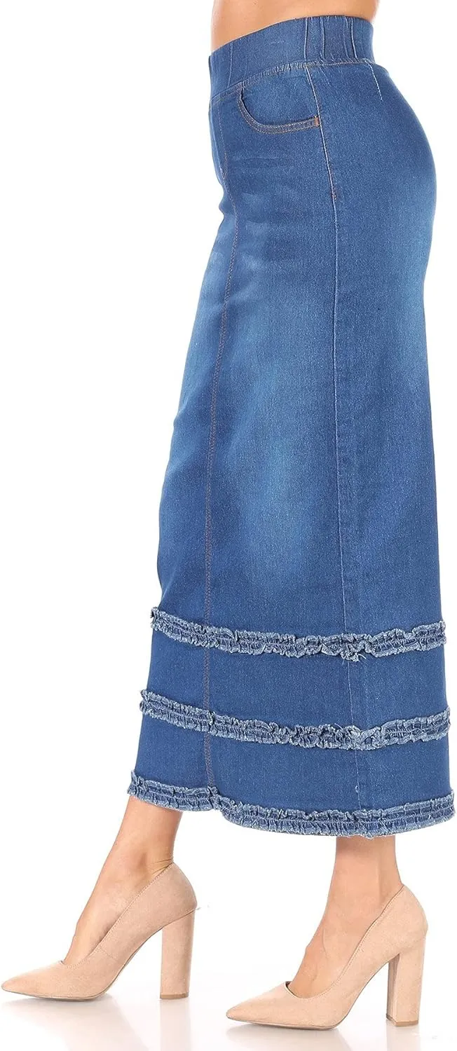 Fashion2Love Women's Juniors/Plus Size High Waisted Shaping Pull-On Stretch Denim Long Skirt (87804)