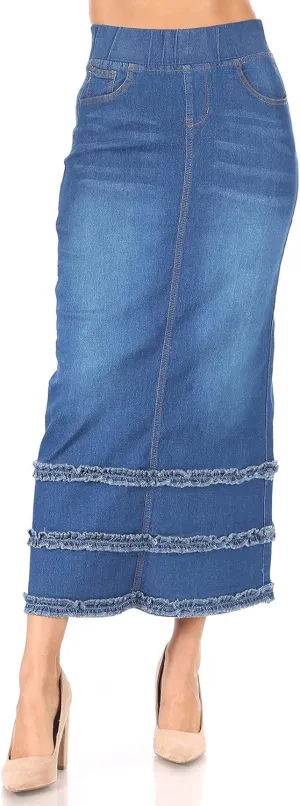 Fashion2Love Women's Juniors/Plus Size High Waisted Shaping Pull-On Stretch Denim Long Skirt (87804)