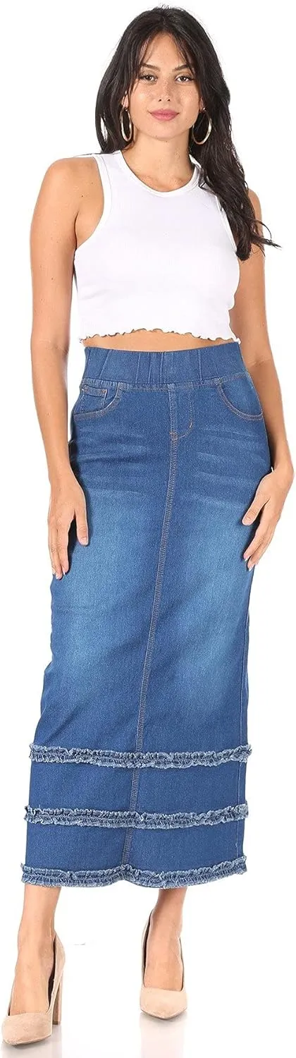Fashion2Love Women's Juniors/Plus Size High Waisted Shaping Pull-On Stretch Denim Long Skirt (87804)