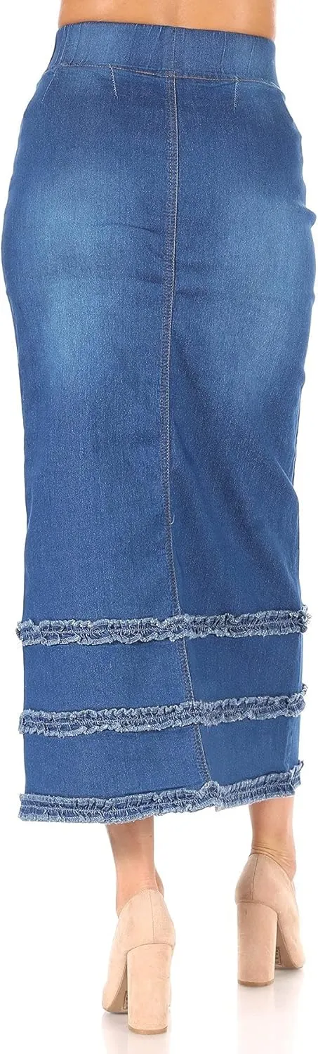 Fashion2Love Women's Juniors/Plus Size High Waisted Shaping Pull-On Stretch Denim Long Skirt (87804)