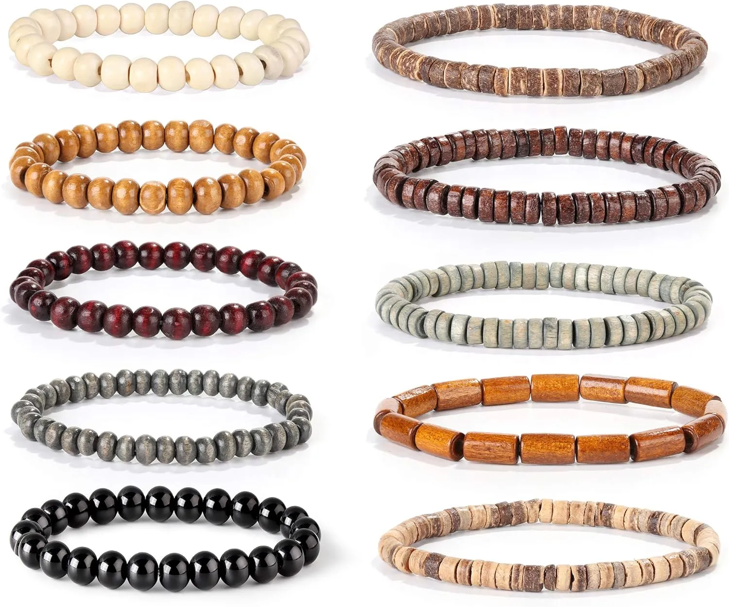 FIBO STEEL 10Pcs Wood Beaded Bracelet for Men Women Buddhist Beads Elastic