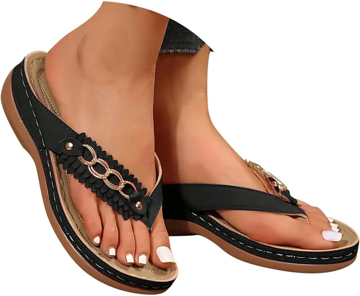 Flip Flops for Women Metal Buckle Beach Slippers Summer Comfort Walking Non Slip Casual Thong Orthopedic Sandals
