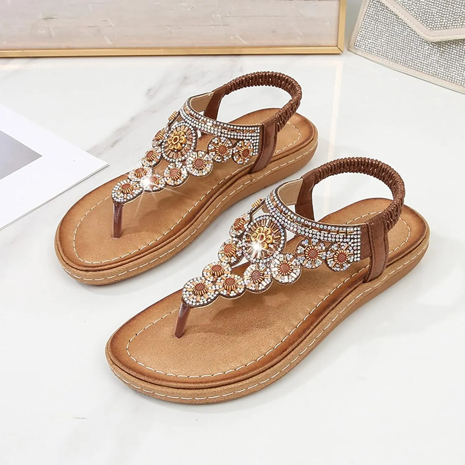 Flip Flops Sandals Women Arch Support Wedge Sandals T-Strap Buckle Orthopedic Sandal Summer Beach Bohemian Shoes