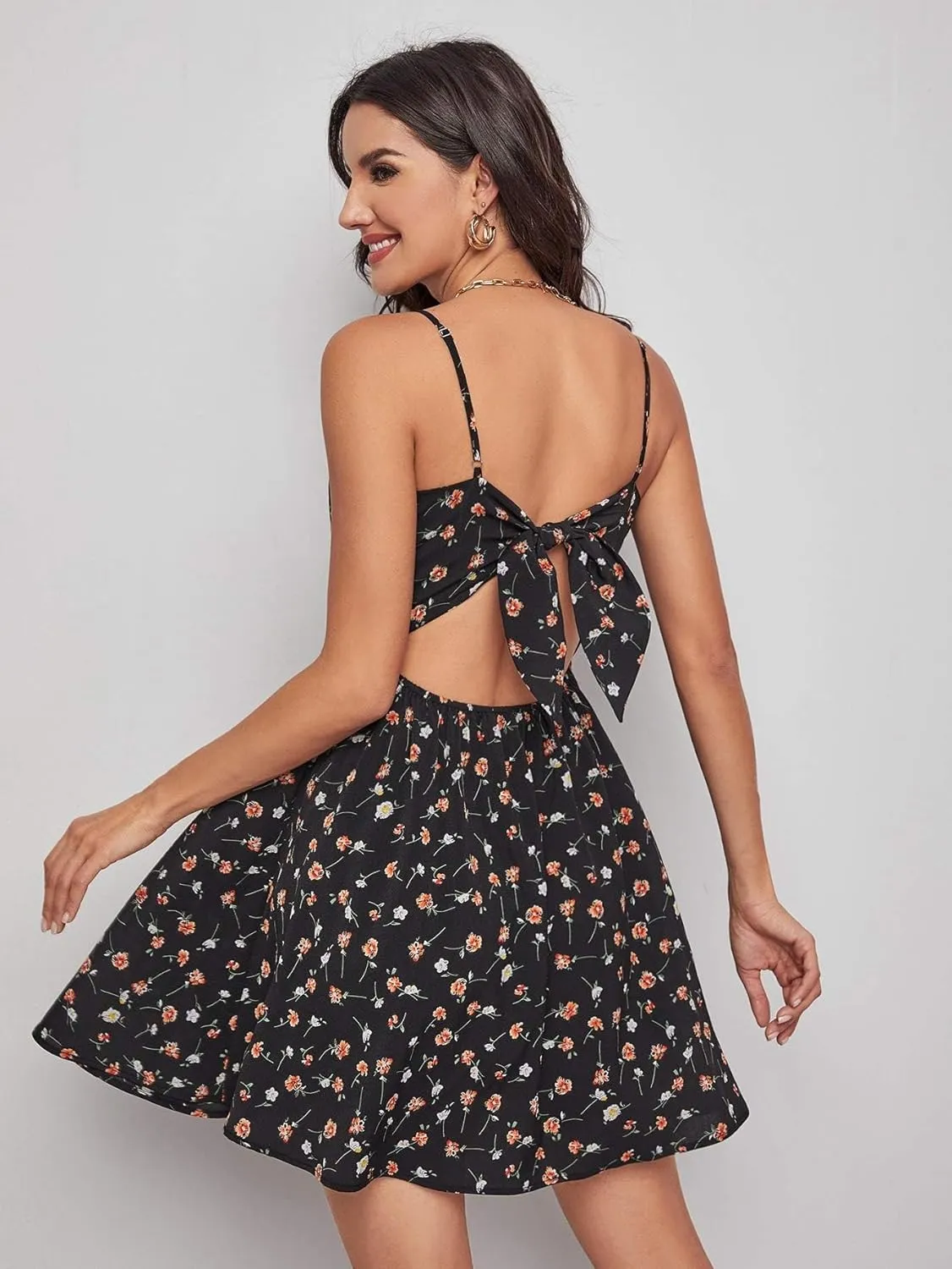 Floerns Women's Boho Floral Print Twist Front Cami A Line Mini Dress
