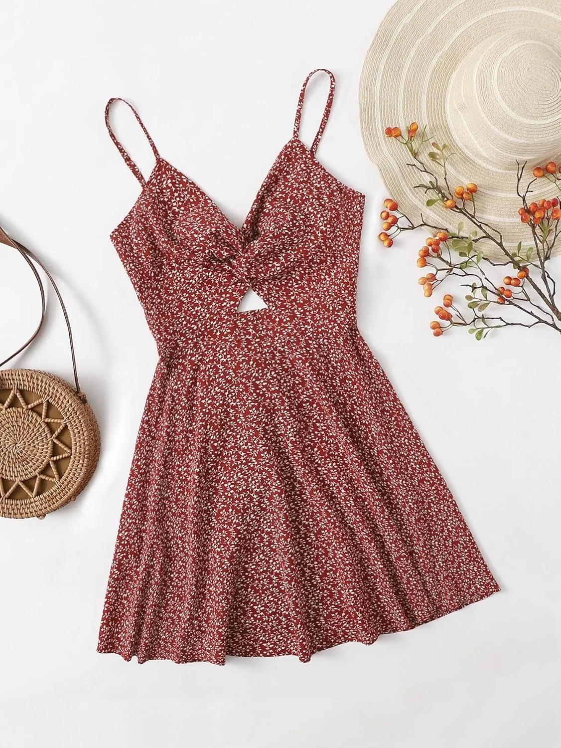 Floerns Women's Boho Floral Print Twist Front Cami A Line Mini Dress